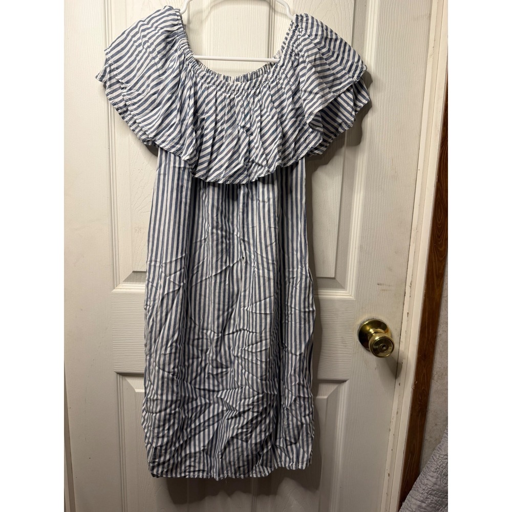 Beachlunchlounge Blue White Striped Off Shoulder Ruffle Rayon Dress Small